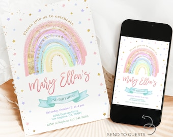 Pastel Rainbow Birthday Invitation, EDITABLE Girl Party Template, Magical Glitter Gold Stars, Rainbow of Fun Invite, Instant Download, KP273
