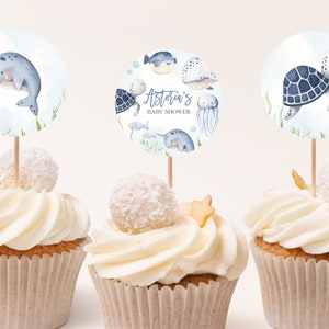 EDITABLE SET OF 6 Under the Sea Cupcake Toppers, Ocean Animals Baby Shower, Nautical Party, Blue Boy Baby Shower, Instant Download, BS139
