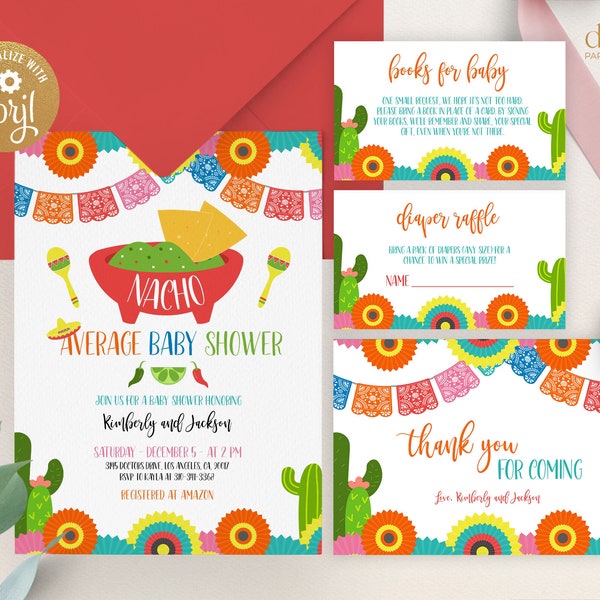 Nacho Average Baby Shower Invitation Set, Fiesta Party Invite Template, Taco Baby Sprinkle, Mexican Baby Shower Set, Instant Download BS096