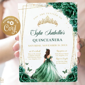 EDITIERBARE Smaragdgrün und Gold Quinceañera Einladung, Schmetterling Party Vorlage, Blumen Mis Quince Anos, süße 16 Geburtstag Mädchen Tiara, Q040