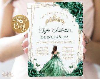 EDITABLE Emerald Green and Gold Quinceañera Invitation, Butterfly Party Template, Floral Mis Quince Anos, Sweet 16 Birthday Girl Tiara, Q040