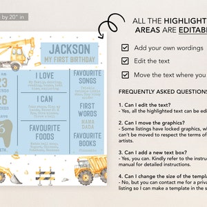 May include: A printable first birthday sign for a boy with a construction theme. The sign features a yellow construction truck, a blue and yellow colour scheme, and the text "Jackson My First Birthday". The sign also includes information about the child's age, weight, height, and favourite foods and songs.