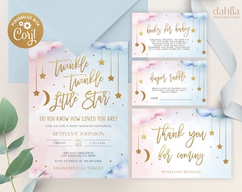 Twinkle Twinkle Little Star Baby Shower Invitation Set, EDITABLE Moon and Stars Party Invite Template, Blue & Pink, Instant Download BS128