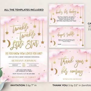 May include: Pink and gold baby shower invitation set with a twinkle twinkle little star theme. The invitation is 5 by 7 inches and includes a thank you card that is 5 by 3.5 inches. The cards feature a pink watercolor background with gold stars and a crescent moon.