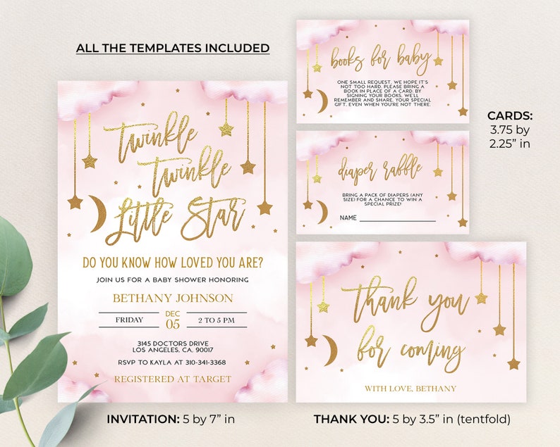May include: Pink and gold baby shower invitation set with a twinkle twinkle little star theme. The invitation is 5 by 7 inches and includes a thank you card that is 5 by 3.5 inches. The cards feature a pink watercolor background with gold stars and a crescent moon.