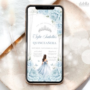 Invito digitale Quinceañera blu polvere e argento, invito mobile farfalla MODIFICABILE, Mis Quince Anos, modello 15° compleanno ragazza, Q045