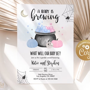 Baby is Brewing Gender Reveal Invitation, Editable Halloween Gender Reveal Invitation Template, He Or She, Spooky Gender Reveal Party, GR034