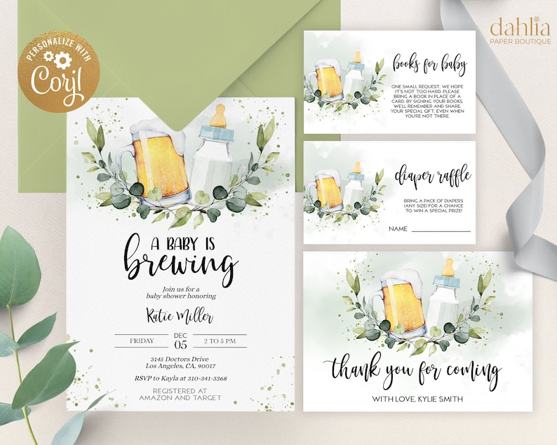 May include: A baby shower invitation with a watercolor illustration of a beer mug and a baby bottle. The invitation says "A Baby is Brewing" and includes the date, time, and location of the event. It also includes a "Books for Baby" and "Diaper Raffle" card.