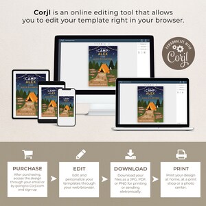 May include: A digital illustration of a camping-themed birthday invitation with a tent, campfire, and a path of footprints. The invitation says "Camp Alex" and "Alex's 5th Birthday". The text "Personalize with Corjl" is in a circle with a gear icon.
