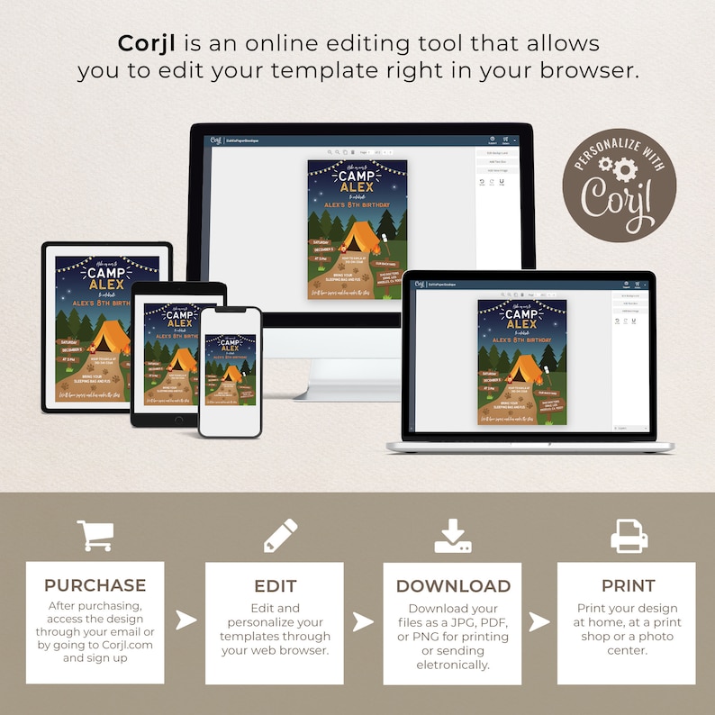 May include: A digital illustration of a camping-themed birthday invitation with a tent, campfire, and a path of footprints. The invitation says "Camp Alex" and "Alex's 5th Birthday". The text "Personalize with Corjl" is in a circle with a gear icon.