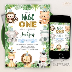 Invito alla festa con animali Safari modificabile, invito di compleanno Wild One, modello Jungle Boy, primo compleanno dello zoo fai da te, download istantaneo, KP084