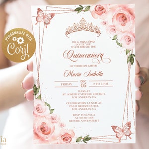Rosa und Roségold Quinceañoeinladung, EDITIERBARE Tiara Rose 15. Geburtstagsparty Einladungsvorlage, Mis Quince Anos, Sofortdownload Q014