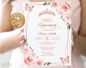 Pink and Rose Gold Quinceañera Invitation, EDITABLE Tiara Rose 15th Birthday Party Invite Template, Mis Quince Anos, Instant Download Q014