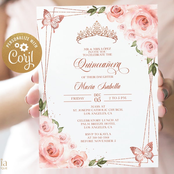 Pink and Rose Gold Quinceañera Invitation, EDITABLE Tiara Rose 15th Birthday Party Invite Template, Mis Quince Anos, Instant Download Q014