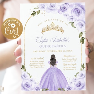 Invitación de quinceañera con arco lila, morado y dorado, plantilla EDITABLE para fiesta de cumpleaños número 15 de Tiara Rose, Mis Quince Anos, descarga instantánea Q022