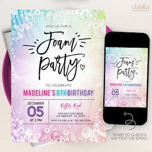Verjaardagsuitnodiging voor feest van schuim, BEWERKBARE bubbels feestuitnodiging, afdrukbare sjabloon voor schuimdans, unisex zomeruitnodiging, instant download, KP203