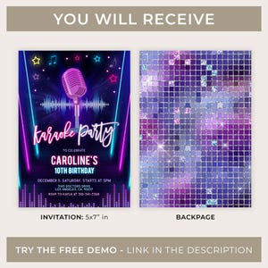 Puede incluir: Una invitaci&oacute;n digital para una fiesta de karaoke para celebrar el d&eacute;cimo cumplea&ntilde;os de Caroline. La invitaci&oacute;n presenta un micr&oacute;fono rosa ne&oacute;n sobre un fondo morado y un patr&oacute;n de bola de discoteca brillante. El texto de la invitaci&oacute;n dice "karaoke party" y "Caroline's 10th Birthday". La invitaci&oacute;n mide 12,7 x 17,8 cm.