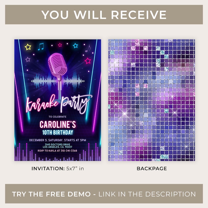 Puede incluir: Una invitaci&oacute;n digital para una fiesta de karaoke para celebrar el d&eacute;cimo cumplea&ntilde;os de Caroline. La invitaci&oacute;n presenta un micr&oacute;fono rosa ne&oacute;n sobre un fondo morado y un patr&oacute;n de bola de discoteca brillante. El texto de la invitaci&oacute;n dice "karaoke party" y "Caroline's 10th Birthday". La invitaci&oacute;n mide 12,7 x 17,8 cm.