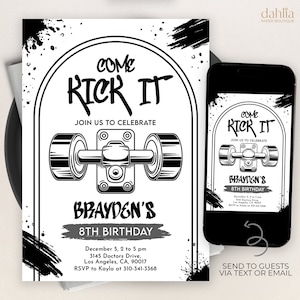 Pode incluir: Convite de aniversário em preto e branco com um gráfico de skate. O convite diz "Come Rick It" e "Brayden's 8th Birthday". O texto inclui a data, a hora e o local da festa.