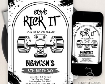 May include: Black and white birthday invitation featuring a skateboard graphic. The invitation reads "Come Rick It" and "Brayden's 8th Birthday". The text includes the date, time, and location of the party.