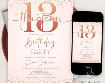 Rose Gold Birthday Invitation, Editable 13th Pink Confetti Party Template, Printable Glitter Teen Birthday Invite, Instant Download, AP012