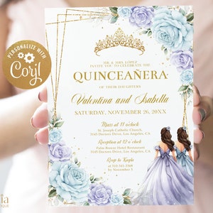 BEWERKBARE gezamenlijke Quinceañera uitnodiging, baby blauw en lila paars 15e verjaardag, Mis Quince Anos, Floral Twin Sisters, Instant Download Q057