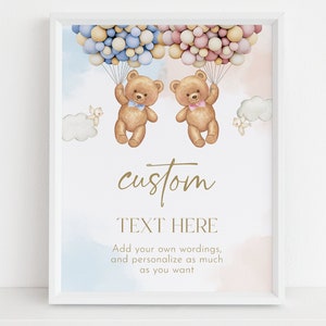 EDITIERBARE Teddybären Benutzerdefiniertes Textschild, Jungen- oder Mädchen-Partydekorvorlage, Er oder Sie-Babyspiele, Boho Aquarellbär mit Luftballons, GR025