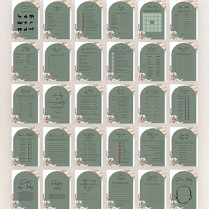 May include: A set of 16 printable baby shower game cards with a green and white floral design. The cards feature various games such as "Guess the Baby Food" and "How Big is Mommy's Belly?"