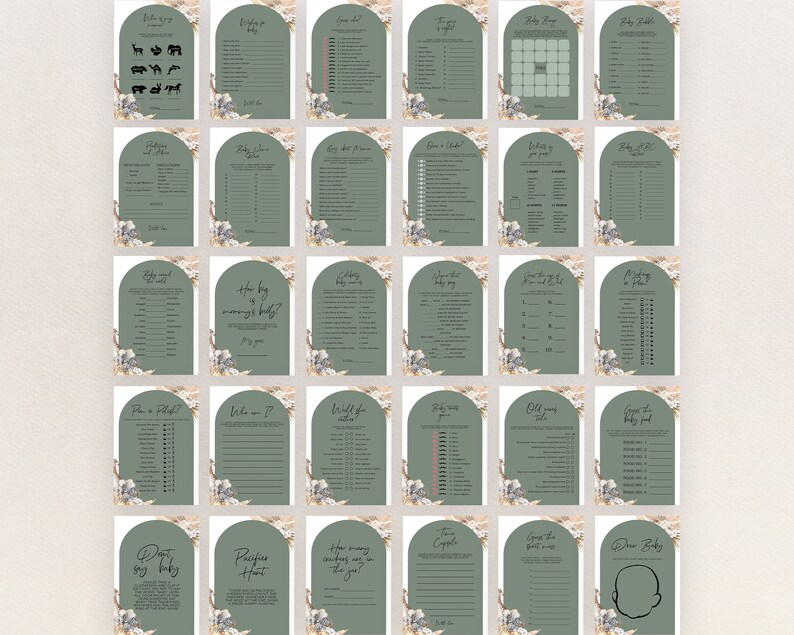 May include: A set of 16 printable baby shower game cards with a green and white floral design. The cards feature various games such as "Guess the Baby Food" and "How Big is Mommy's Belly?"