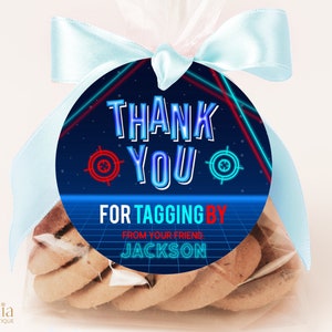 Neon Thank You Gift Tag, BEWERKBARE Laser Tag Verjaardagstraktaties, Gamer Round Party Favor, Arcade Party Square Tag, Mission Complete Label, KP045