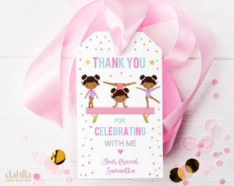 EDITABLE Thank You For Coming Gift Tag, Girl Gymnastics Birthday Label, Brown Skin, Gift Tag Template, Party Favor, Instant Download KP035