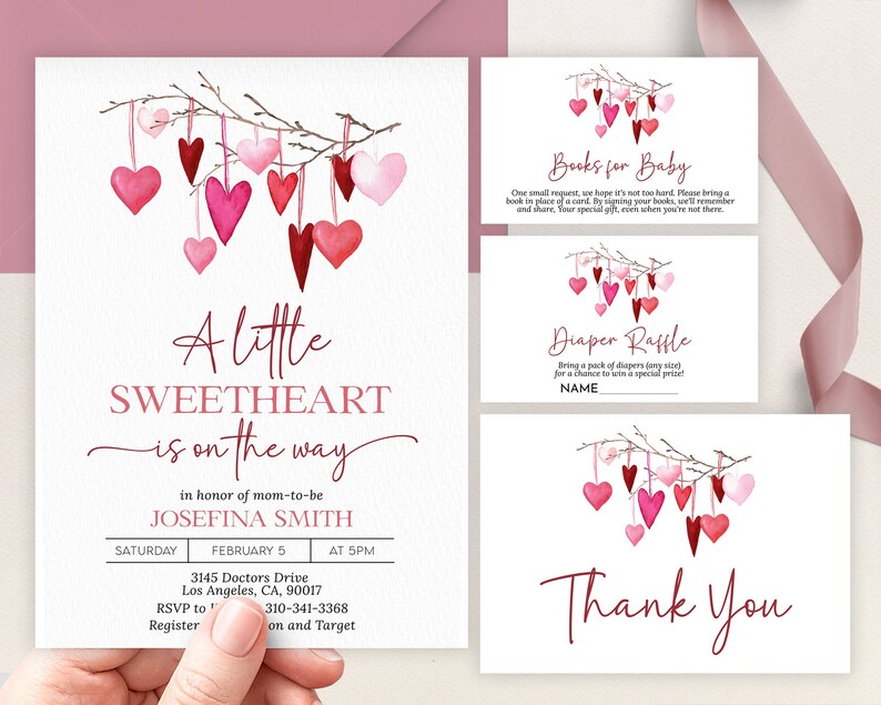 Pink Invitations Heart Valentine Baby Shower Invitation Bundle, Editable A Little Sweetheart ...