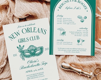 New Orleans Bachelorette Invite & Itinerary Template, NOLA Mardi Gras Bachelorette Weekend Invite, Big Easy Louisiana Girls Trip, BC047