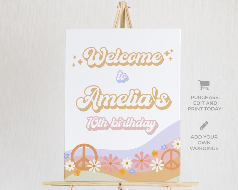 Peut inclure: Une affiche imprimable pour une f&ecirc;te d'anniversaire de 10 ans. L'affiche pr&eacute;sente une police de caract&egrave;res r&eacute;tro avec le texte "Bienvenue &agrave; Amelia's 10th birthday". Le fond est blanc avec un motif ondul&eacute; dans des couleurs pastel et des signes de paix. L'affiche est d&eacute;cor&eacute;e de fleurs.