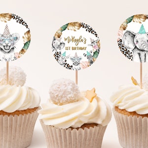 EDITABLE SET OF 6 Party Animals Cupcake Toppers, Jungle Safari Animal Print, Leopard Party Decor, Cheetah Birthday, Instant Download, KP123