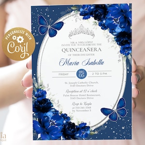 Royal Blue Quinceañera Invitation, EDITABLE Floral 15th Birthday Party, DIY Mis Quince Anos, Girls Sweet 16 Party, Gold Crown Template, Q063