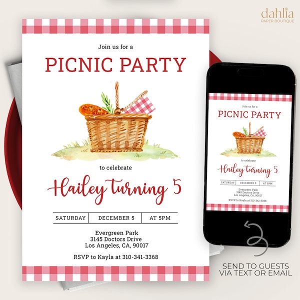 Picnic Birthday Invitation, EDITABLE Kids Picnic Party Template, Summer Outdoor Party, Backyard BBQ Mobile Invite, Instant Download, KP291