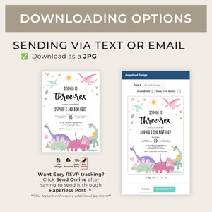 May include: A printable dinosaur-themed birthday invitation for a 3-year-old girl named Sophia. The invitation features a pink, green, and blue dinosaur design with the text "Sophia is three-rex" and "Sophia's 3rd Birthday".
