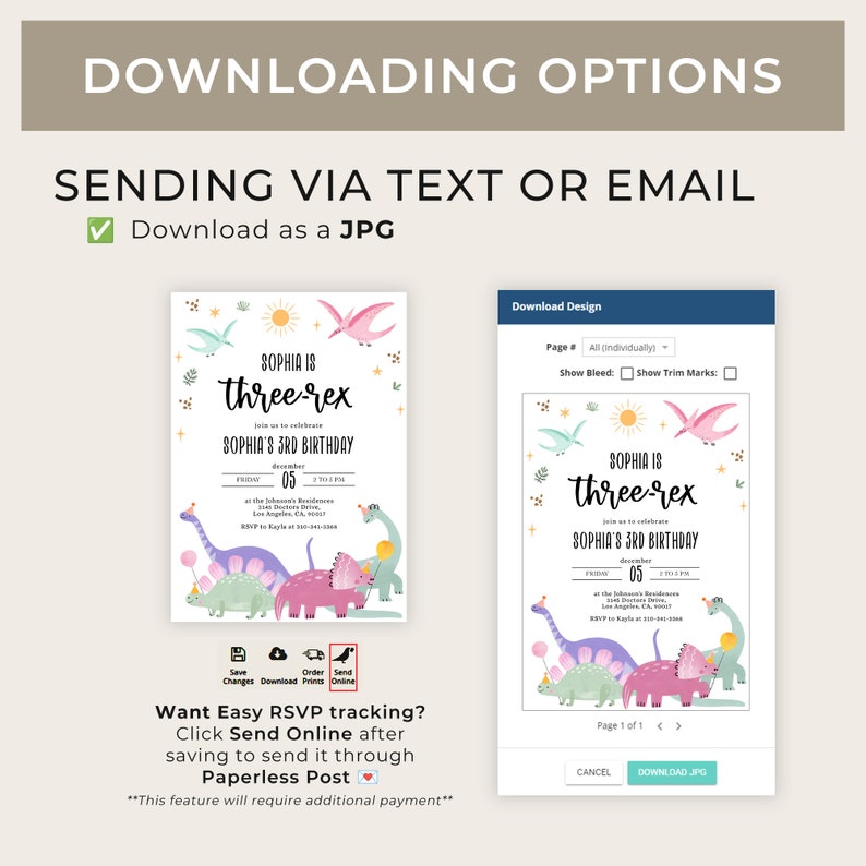 May include: A printable dinosaur-themed birthday invitation for a 3-year-old girl named Sophia. The invitation features a pink, green, and blue dinosaur design with the text "Sophia is three-rex" and "Sophia's 3rd Birthday".