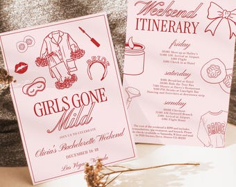 Girls Gone Mild Bachelorette Invitation, Editable Slumber Party Weekend Itinerary, Hand Drawn Coquette Girls Night, Spa Hen Party, BC067