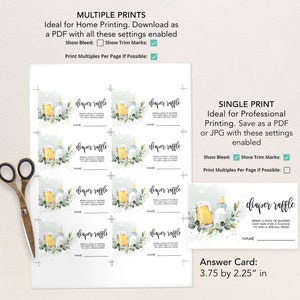 May include: Printable diaper raffle tickets with a green and white watercolor design featuring a bottle and a beer mug. The text "diaper raffle" is written in black on the tickets. The tickets are 3.75 inches by 2.25 inches.