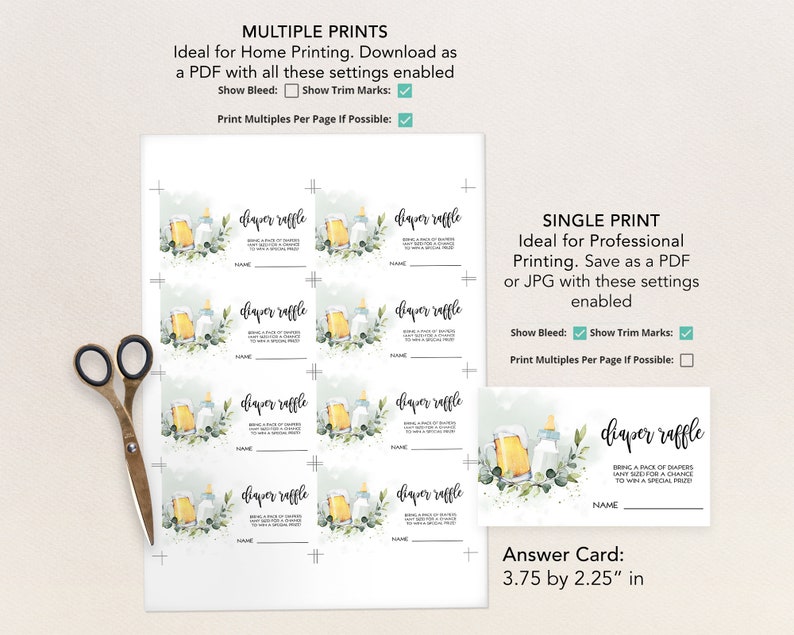 May include: Printable diaper raffle tickets with a green and white watercolor design featuring a bottle and a beer mug. The text "diaper raffle" is written in black on the tickets. The tickets are 3.75 inches by 2.25 inches.