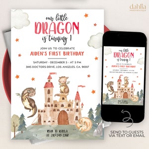 Dragon First Birthday Invitation, EDITABLE Medieval Boy Party Invite Template, Mythical Creatures, Watercolor Castle, Instant Download KP078