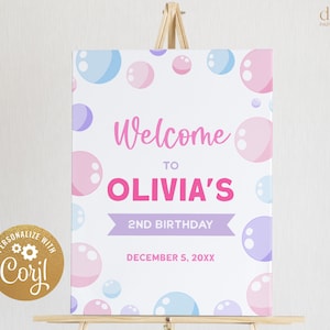 Bubble Birthday Welcome Sign, EDITABLE Bubble Party Banner Template, Summer Party Decor, Girl Printable Sign, Instant Download, KP086