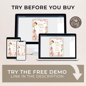 May include: A digital mockup showing a printable invitation for a fairy-themed birthday party. The invitation features a watercolor illustration of fairies with butterflies and flowers. The text on the invitation reads "Let's Flutter and Twirl".