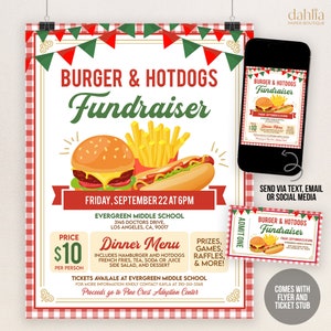 Bearbeitbares Burger und Hot Dog Fundraiser Flyer Ticket, PTA PTO Schule Wohltätigkeitsveranstaltung, druckbare Vorlage für Kirchenspenden, Sofort Download