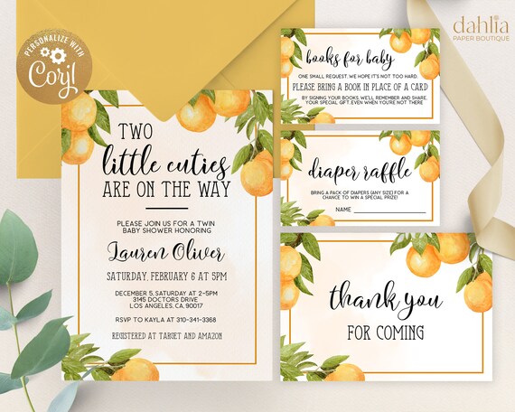 Two Little Cuties are on the Way Baby Shower Invitation Editable Twins Orange Baby Shower Invitation Orange Gender Neutral Baby Shower 0147