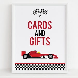 Fast One Karten und Geschenke Schild, EDITIERBARE Rennwagen Party Dekor, Erster Geburtstag Vorlage, Junge Rote Rennwagen Banner, Sofort Download KP055