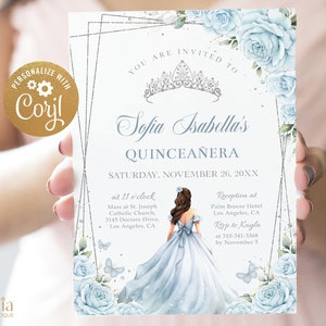 EDITIERBARE Taubenblaue und silberne Quinceaño-Einladung, Schmetterlings-Party-Vorlage, süßes 16-Geburtstags-Mädchen-Tiara, Blumen-Mis Quince Anos Q045