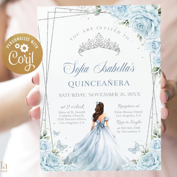 EDITABLE Powder Blue and Silver Quinceañera Invitation, Butterfly Party Template, Sweet 16 Birthday Girl Tiara, Floral Mis Quince Anos Q045